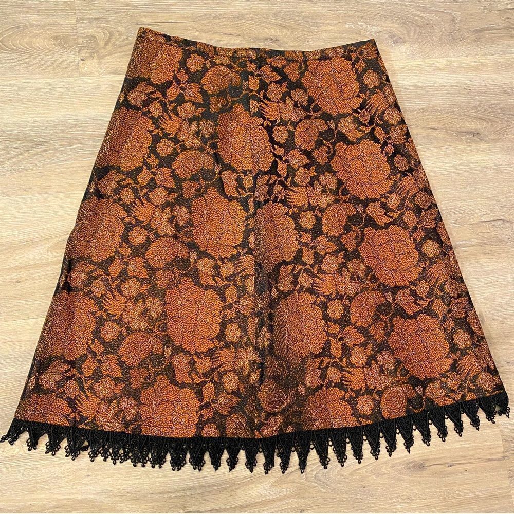 NEW ANNI KUAN A-LINE BRONZE & BLACK SEMI METALLIC ACCENT LACED HEM MIDI SKIRT 4